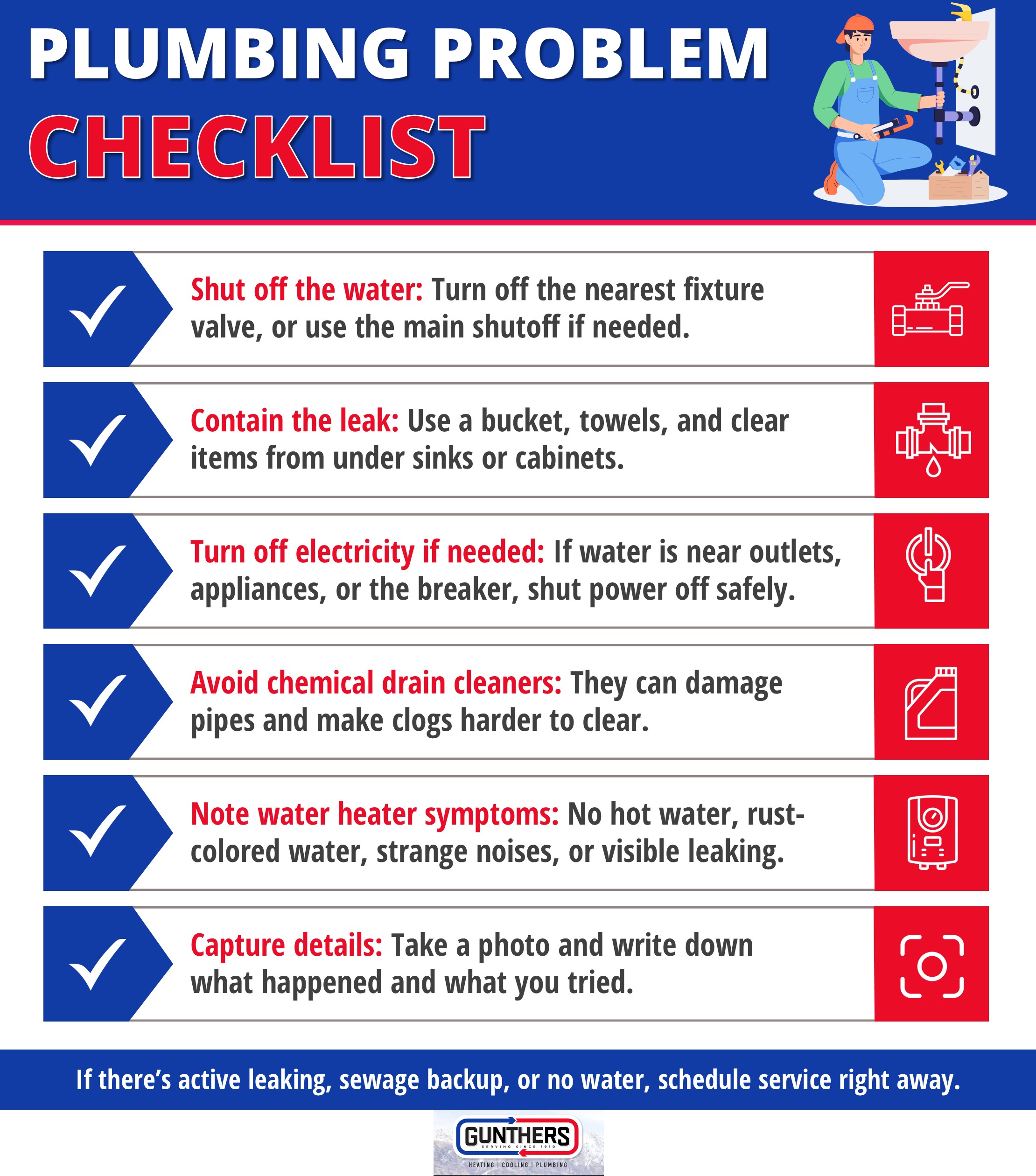 Plumbing problem checklist infographic with steps to shut off water, contain leaks, turn off electricity, avoid drain cleaners, note water heater symptoms, and document details.